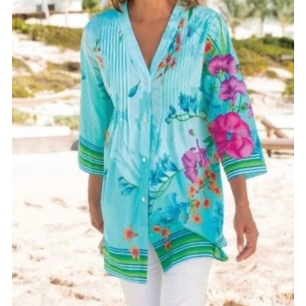 Soft Surroundings Women's Blue L'Atalante Floral Pintuck Tunic Shirt Top L Boho